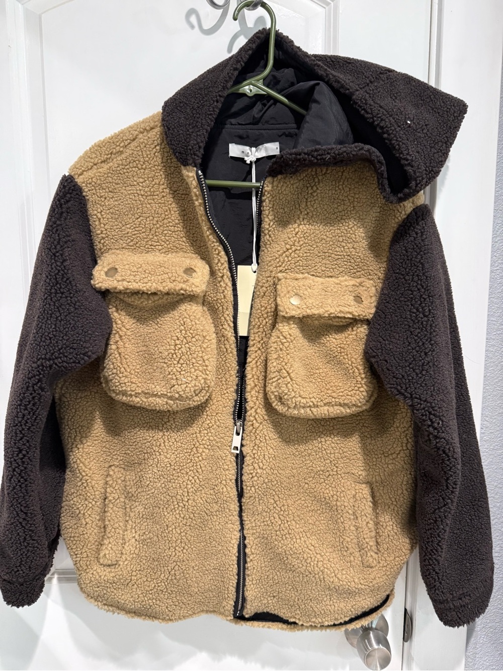 NWT MNML Two Tone Sherpa Zip-Up Hoodie Jacket Brown Black Small